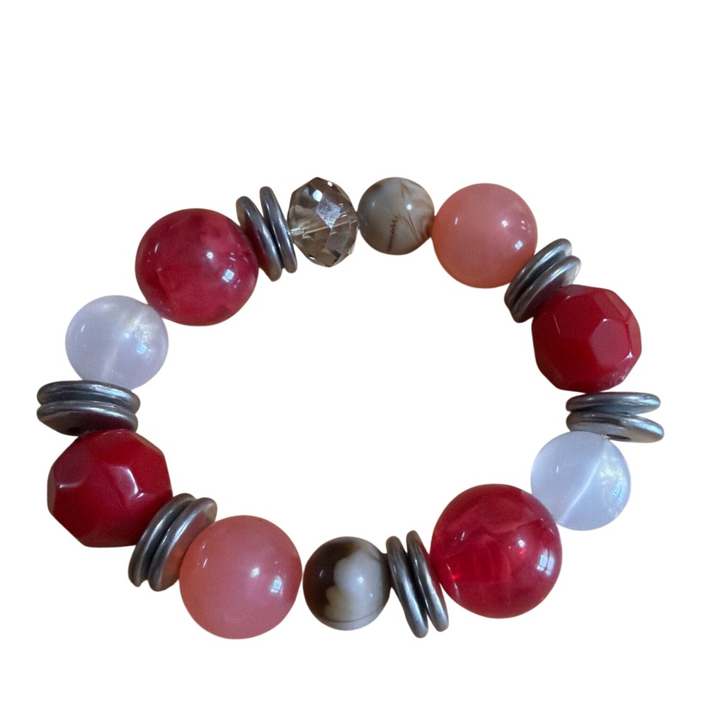 Multi Color Chunky Beaded Stretch Bracelet Red‎ Pink White Silver Tone Spacers